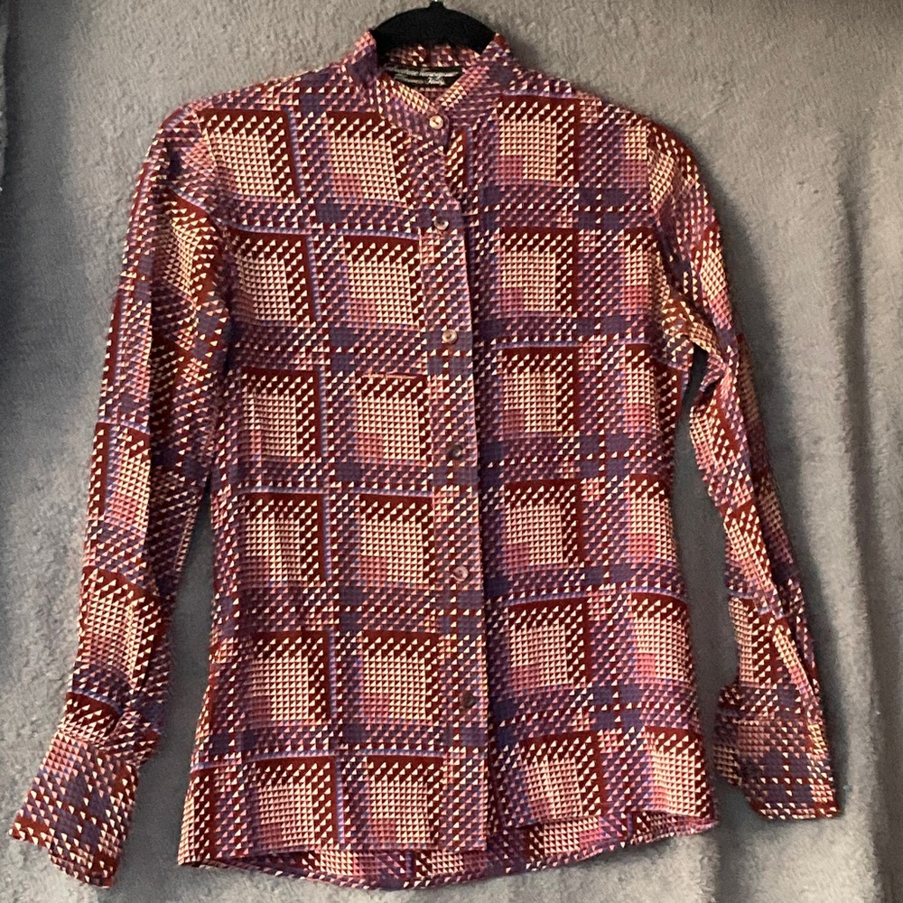 Salvatore Ferragamo Vintage Burgundy, Purple and Blue Geometric Shirt. Small